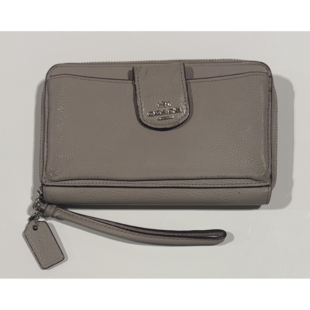 COACH Wallet Wristlet - Gray Pewter Leather Zip Around ID Card Holder - 7x4 in